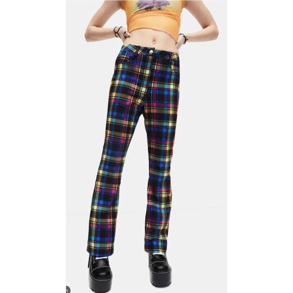 Delia's DOLLS KILL Women's Sz S Into The Grove Plaid Kick Flare Pants - Picture 8 of 8